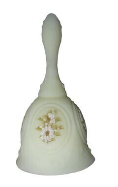 Vintage Fenton Uranium Glass Bell Clapper Hand-Painted Floral Signed S. Fisher